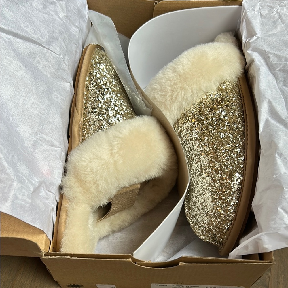 UGG Gold and Cream Slippers with Sheepskin Lining